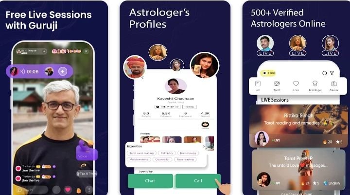 Guruji app provide you live sessions, astrologers profiles.